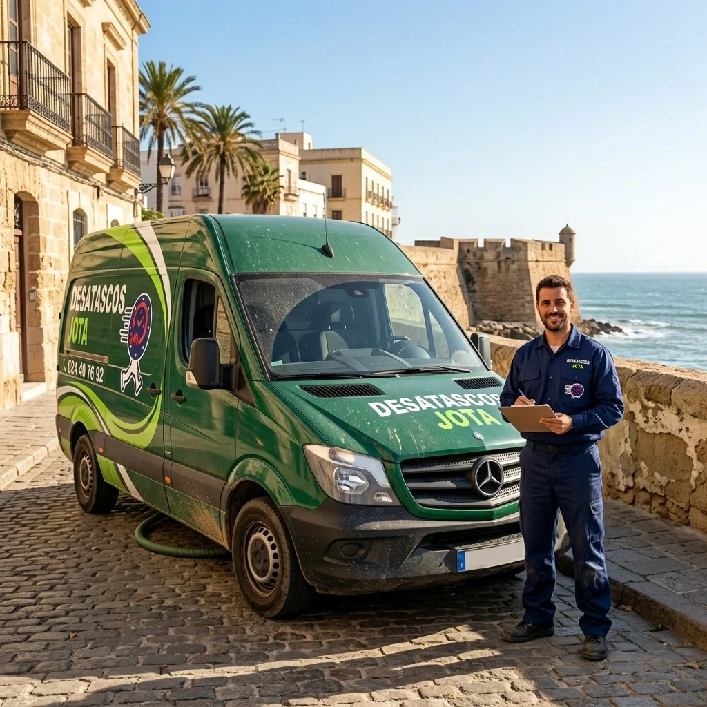 Furgoneta de desatascos de Desatascos Jota realizando un servicio de desatascos en Cadiz